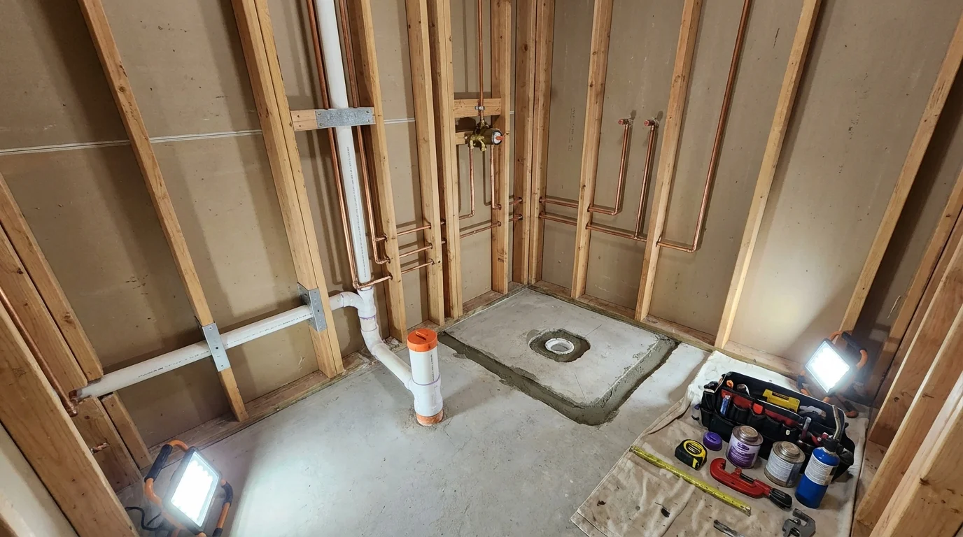 Bathroom rough-in plumbing during remodel by Johns Plumbing LLC in Ardmore