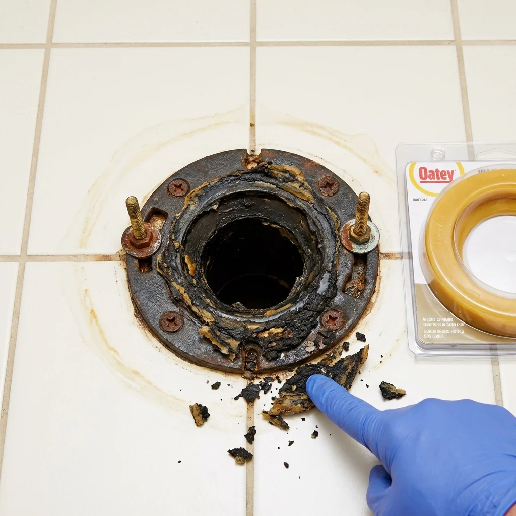 Failed wax ring showing water seepage at the base of a toilet in a Ardmore, OK home