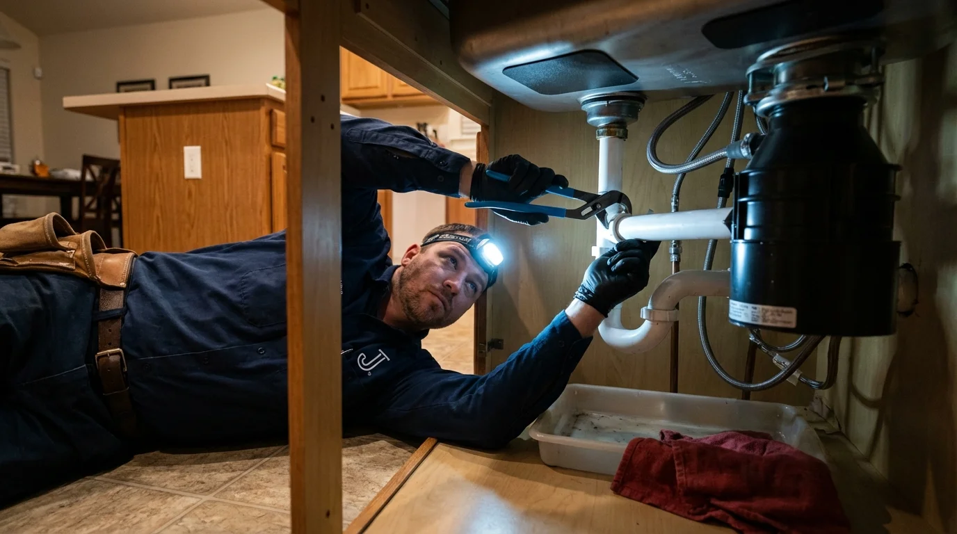 P-trap and supply line connections under a kitchen sink showing a common leak point in Ardmore, OK
